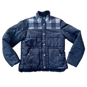 Vintage Eddie Bauer Coat Women’s Med Black Y2K Buffalo Plaid Crop Puffer Jacket